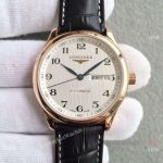 Replica Swiss Longines Master Watch L636.5 Rose Gold White Dial Black Leather